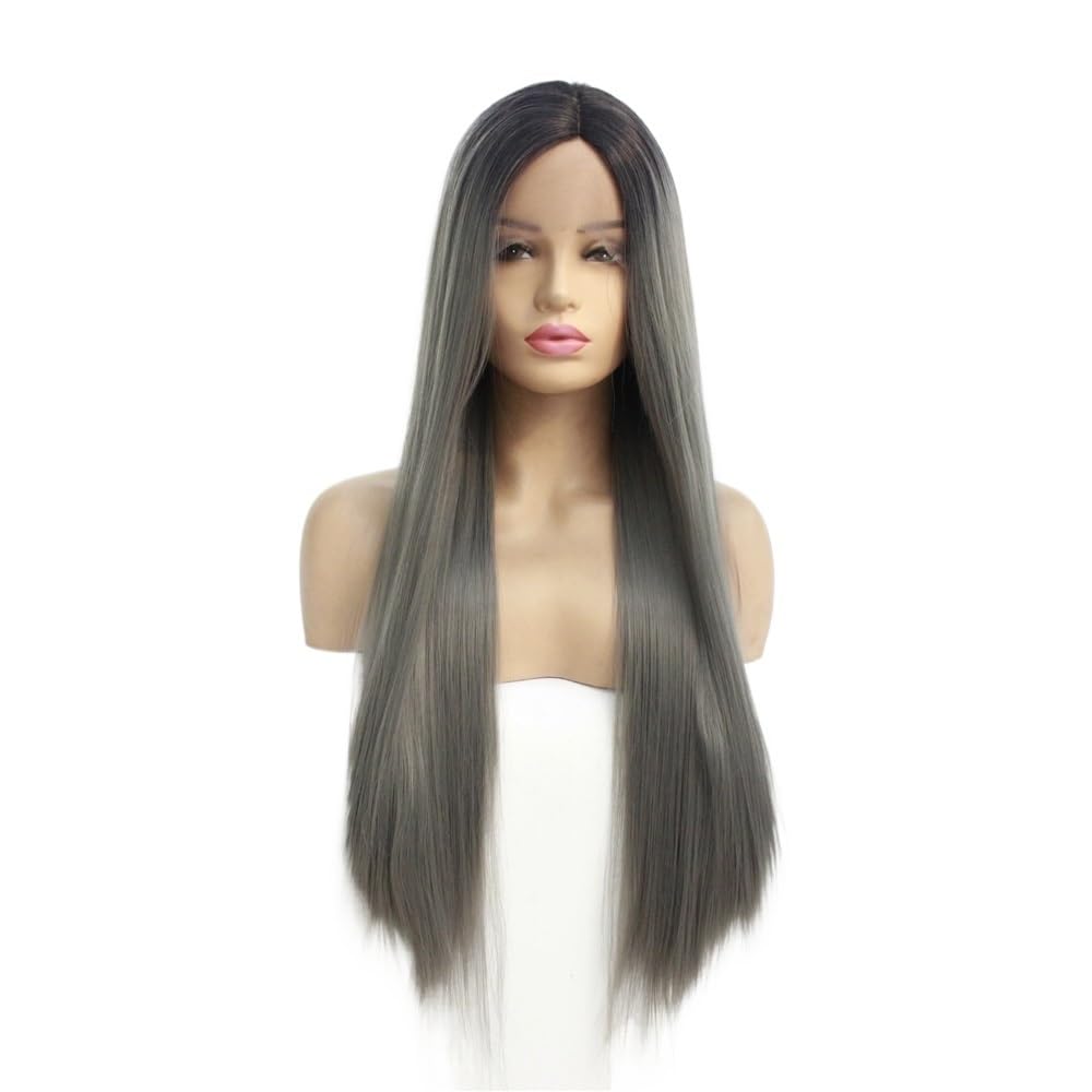 xiuling4568 Ash Gray Brown Wig Highlight Dark Grey Color 13x3 Lace Front Wigs Wavy Synthetic Fiber Hair for Women Hairs Extensions(12inch)
