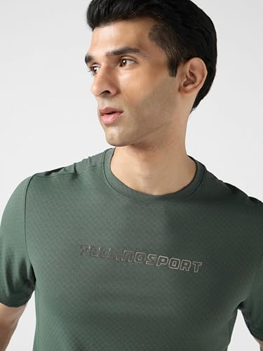 Image of TECHNOSPORT Men's Printed Slim Fit Henley Neck T-Shirt ELASTOLITE Half Sleeve Slip On Polyester for Gym Running Workout UPF50+ Anti Odour