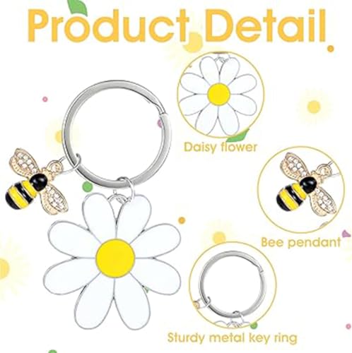 Image of Cute Bee Daisy Keychain, Key Chains for Women, Bag Charm Bee Keychain with Floral Design, Metal Keyrings for Keys and Bags, Personalized for Everyday Use, 10 cm x 5 cm