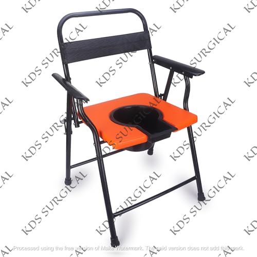 Image of Folding Commode Chair for Adults | Heavy Duty Steel Frame with Removable Pot | Portable Toilet Chair for Elderly, Patients & Home Use | Comfortable Armrest & Back Support (Orange Seat)