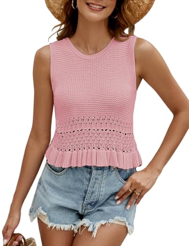Image of CiCiBird Women Cute Crop Sweaters Vest Knit Sleeveless Pullover Tops Crochet Ruffle Hem Tank