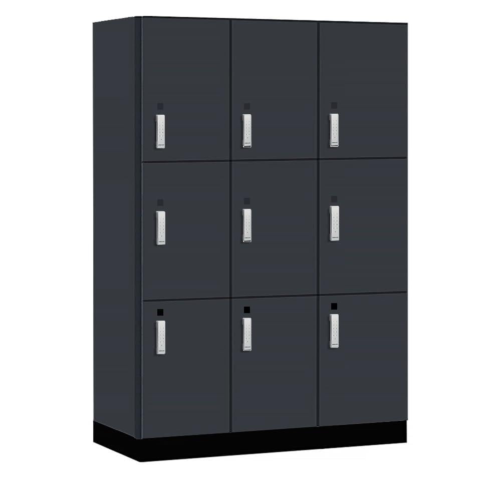 Salsbury 18 Wide Premier Wood Locker-Triple Tier-3 Wide-6 Feet High-21 Deep-Carbon Mesh-Silver Electronic Locks