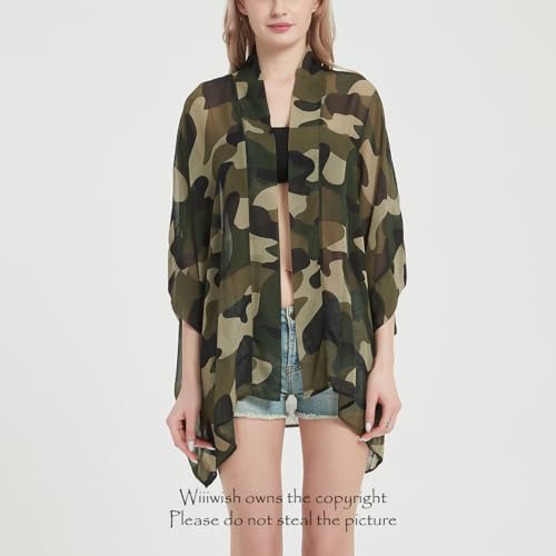 Women's Kimono Cardigans Camouflage Sheer Chiffon Blouse Boho Wrap Casual Coverup Loose Tops4