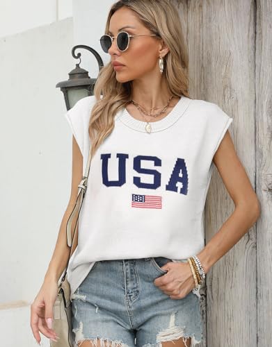 Image of Alsol Lamesa Women's American Flag Graphic Cap Sleeve Vest Knit Lightweight Sweater Crew Neck Tank Top 2024, Medium, 914 White