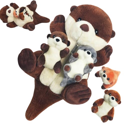 5 PCS Sea Otter Stuffed Animals, Large Mommy Stuffed Otter Plush with Babies Inside - Soft Cuddly Otter Pillow Toy with 4 Babies in Zippered Belly for Kids Christmas Birthday Gifts Ocean Party Decors