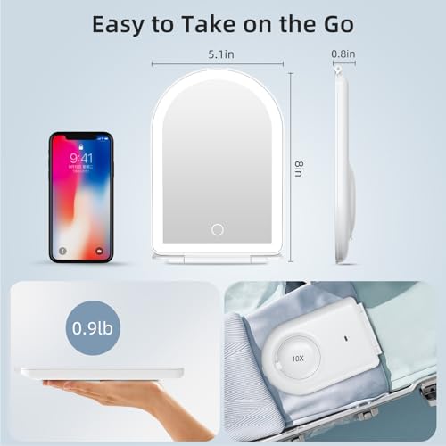 Image of FUNTOUCH Rechargeable Travel Makeup Mirror with Lights,Portable Lighted Compact Mirror with Small 10X Magnification,3 Color Lighting, Dimmable Touch Screen, Tabletop LED Folding Cosmetic Vanity Mirror