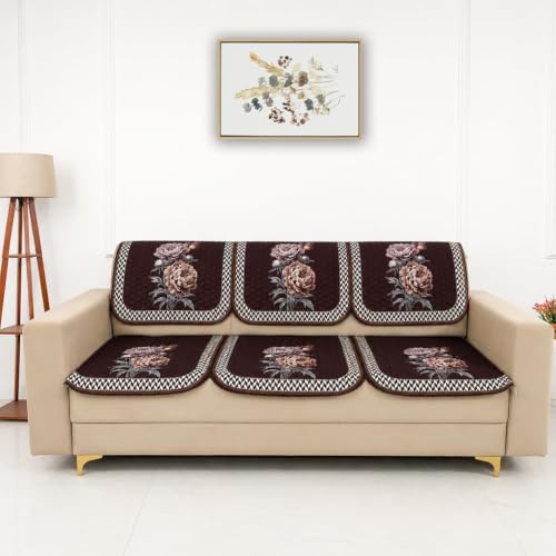 Image of Homerz 'Brooklyn Series' Premium Sofa Cover | Quilted Floral Design | Non-Slip Washable Sofa Protector | Soft Anti Slip Fabric (Ny Brown, 6 (3+2+1) Seater, Seat Cover with Backrest)
