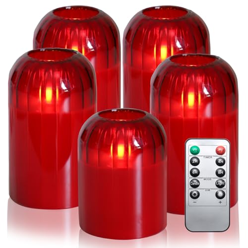 MUMCHASI 5pcs Red Flameless Candles, Battery Operated Candles with Remote Dancing Flame, LED Jar Glass Flickering Electric Christmas Candlelights H4 5" 5" 6" 6"