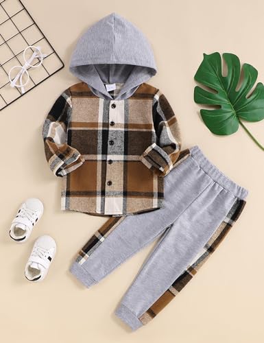 Image of Fuermos Toddler Baby Boys Clothes Flannel Lattice Button Down Hooded Tops +Pants Boys Fall Winter Outfits