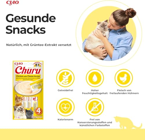 INABA Churu Püree Katzen-Leckerli - Katzenpaste zum Füttern aus der Hand - Köstliche Katzensnacks zum Schlecken - Katzensticks mit Hühnchen und Käse - 1 Packung / 4 Sticks, 14 g (4er Pack)