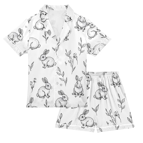 ALAZA Rabbit White Cartoon Leaf Pajamas Satin Pajama Set Short Sleeve Button Down Sleepwear