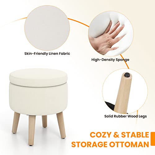 Giantex Storage Ottoman Foot Rest - Round Ottoman Coffee Table Top Cover, Wood Legs, Adjustable Foot Pads, Modern Padded Vanity Stool Footrest Ottoman For Living Room Makeup Bedroom (Beige) #TOP6
