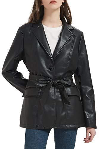 Risissida Women's Leather Blazer Women Faux Leather Jacket For Spring And Fall, Vegan Leather Casual Pleather Coat With Belt Black 2226 S #TOP14