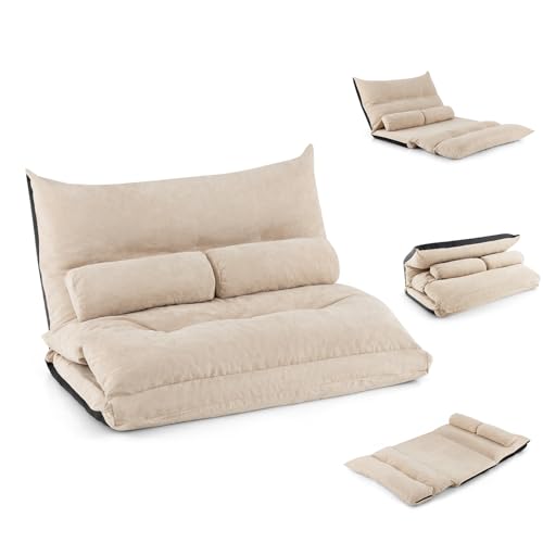 GOPLUS Bodensofa mit Schlaffunktion, 3 in 1 Schlafsofa mit verstellbare Rückenlehne, Kissen & Schaumstoff, belastbar 150kg, Schlafsessel Klappsofa für Wohnzimmer & Schlafzimmer (Beige)