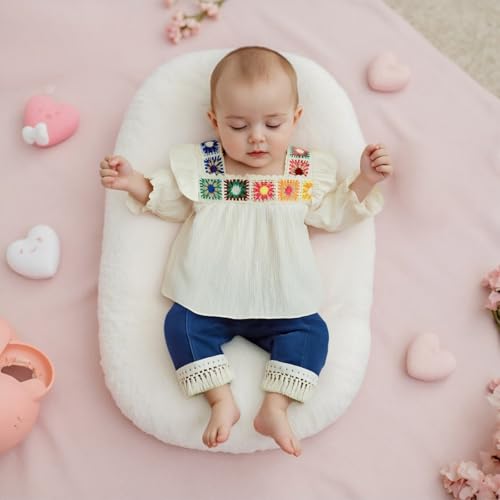 VISGOGO Baby Girl Outfit Crocheted Floral Top Linen 12 18 24M 2T 3T 4T Todder Clothes Tops + Tassel Denim Pants Set3