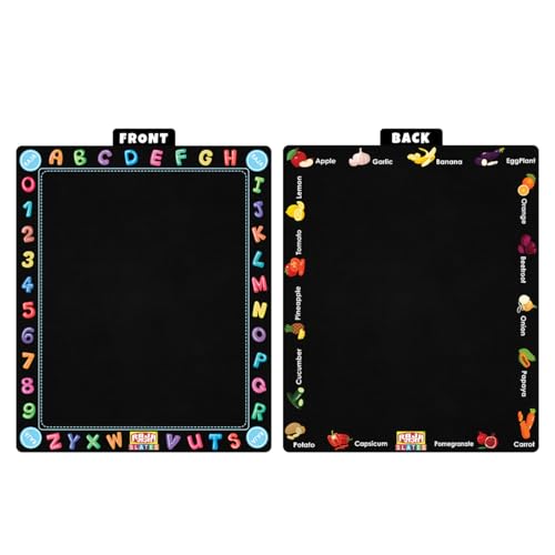 Image of TOKYODO Pre-Printed Rewriting Slates Chalk Board for Kids, Double Sided Writing Learning Black Board, with 4 Letter Spelling Cards (Pack of 4, Friuits and Veges)