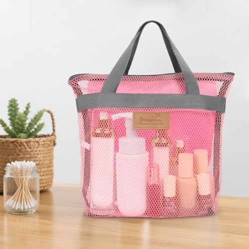 Minicoco Shower Caddy Bag with Hanging Hook Large Mesh Toiletry Organiser, Quick Dry Portable Tote for Gym, Swimming Pool & Travel Foldable, Waterproof Base (Pink)