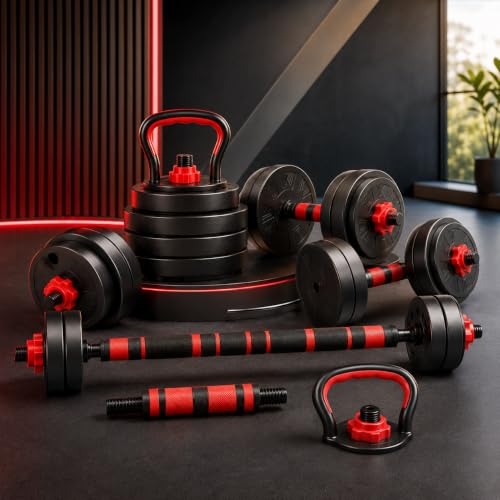 Kit Halteres Ajustável 6 em 1 15kg Multifuncional com Barra, Kettlebell e Suporte para Flexões | Musculação Completa para Casa