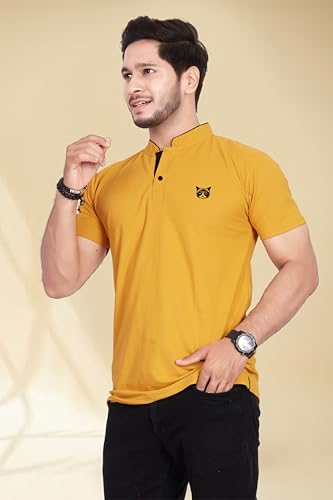 Image of BAGHADBILLO Men's and Boy's Polyster T-Shirt with Mandarin Collared Neck Half Sleeves Closuer Button and Regular Fit | Polo t Shirt for Man