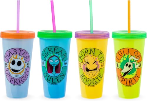 Image of Silver Buffalo Disney The Nightmare Before Christmas 48 Pack Color Change Plastic Tumblers Featuring Jack Skellington, Sally, Oogie Boogie, and Zero, 24 Ounces