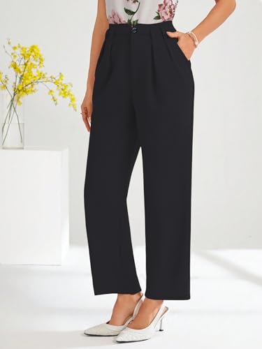 Image of Shasmi Women's High Waist Pleated Straight Leg Trousers - Elegant Solid Color Work Pants with Pockets, Casual Office Wear Polyester Blend Wide Leg Suit Pants (Trouser 235)