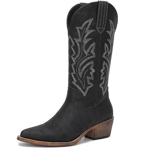 Image of GLOBALWIN Women's Mid Calf Western Cowboy Boots Cowgirl Boots for Women with Floral Embroidery Side Zipper Chunky Heel