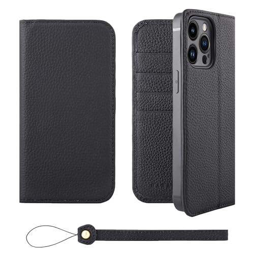 HANATORA iPhone14ProMax ケース 手帳型 本革 スマホケース スマホ スタンド ストラップ 付き シュリンクカーフレザー ギフト ベルトなし マグネットなし ブラック H0XA-14ProMax-Black ギフト 誕生日ギフト 女性