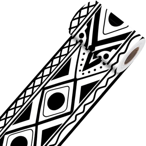 Image of Nuxovilar Black White Geometric Peel Stick Wall Border PVC 3.94x16.4' | Wall Trim, Molding Decal, Peel Stick Border, Adhesive Frame, for Bedroom, Kitchen, Living Room (Ethnic Shape)
