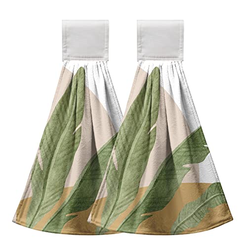 Kwlegh Palm Green Leaves Kitchen Towels, Tropical Banana Leaf Hand Towel With Loop Set Of 2 Palm Leaves Hanging Kitchen Towels Soft Absorbent Brown Hanging Dish Towel For Bathroom Kitchen 12X17 Inch #TOP5