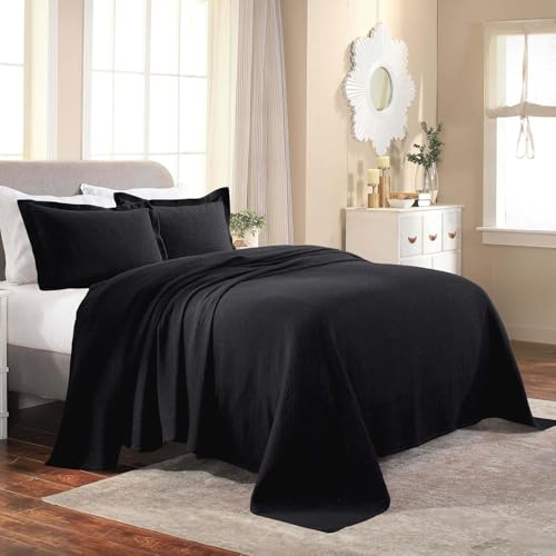 Superior Cotton Fleur De Lis Bedspread Set, Warm Blankets, All-Season Bedding, Bedroom Decor, Decorative Boho Medallion Coverlet, Includes 1 Bedspread, 2 Pillow Shams, Queen, Black