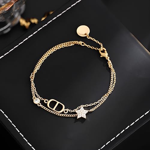 18K Gold CZ Star Charm Bracelet Jewelry for Women, Initial Nail Letter Bracelet for Women, Dainty Designer Gold Link Bracelet, Idea Gift for Mother's Day - L
