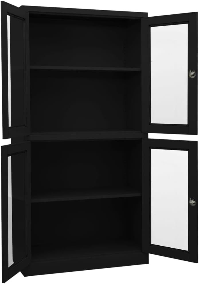 Black Steel Office Cabinet with Adjustable Shelves and Locking Mechanism for Modern Home Storage, Rectangular Design for Large Filing Needs