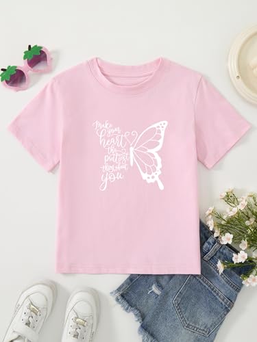 Girls' Short Sleeve Cotton T-Shirt with Butterfly Print Kids Graphic Tee2