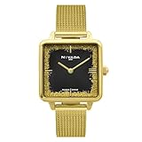 NIVADA SWISS Fashion Reloj para Mujer Carátula Negra forma Cuadrada con Indicadores Índices Extensible de Acero PVD...
