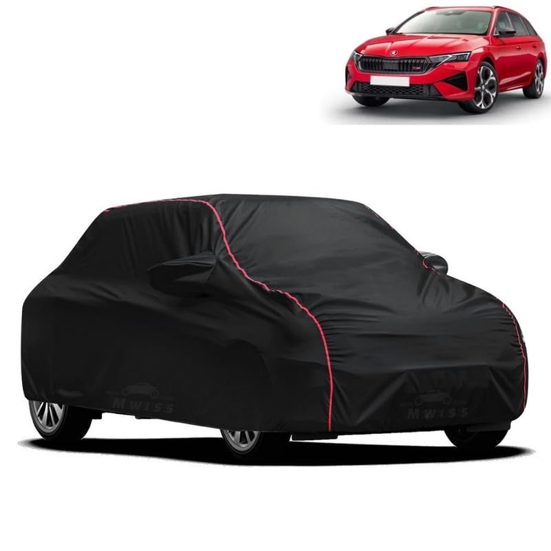 Image of Waterproof Car Cover for Skoda Octavia | All-Weather Protection, Dustproof & UV Resistant | Triple Stitched Mirror Pockets, Windproof Buckle Strap with Elastic Hem, Black-Red Piping