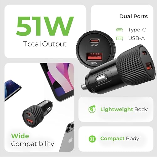 Image of UltraProlink Mach 51W Dual Port Fast Car Charger (USB-C PD 30W /PPS 33W + USB-A QC 18W) for iPhone 17 Series, Galaxy, Vivo, Oppo Phones | UM1270S