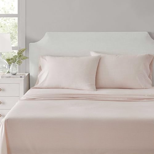 Image of Martha Stewart - Queen Size Sheets Set, Crisp & Tailored Cooling Sheets w /a Naturally Smooth Cotton Percale Lightweight Feel - Bed Sheets with Matching Pillowcases & Fitted Sheet (Small Gingham Pink)