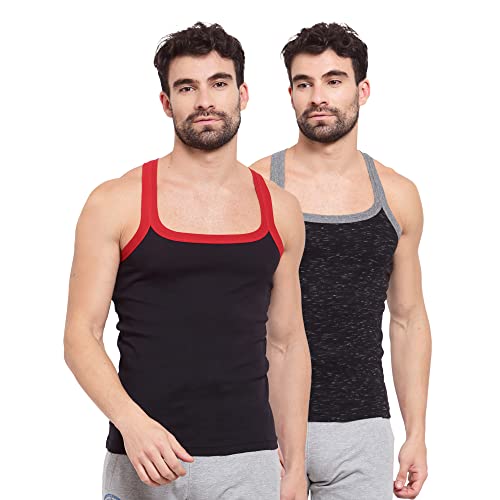 sporto Men's Super Soft Cotton Round Neck Solid Gym Vest (Pack of 2) | Black & Black Inject