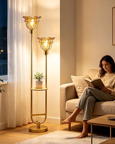 Image of Glass Floor Lamp with Shelf 2-Lights Gold Floor Lamp with Amber Glass Shade, Mid Century Modern Standing Tall Lamps with Foot Switch for Living Room Bedroom Home Office Decor (Bulbs Included)