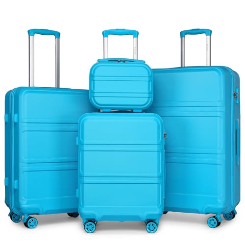 Kono Set de 4 Valises Rigide Valise Cabine 55cm + Valise Moyenne 65cm + Valise Grande 74cm avec 4 roulettes et Serrure TSA + Vanity Case, Bleu