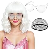 PLULON White Curly Bob Wig Heart Sunglasses for Women, Colored Wavy Wigs with Bangs Funny Synthetic Hair with Hair Cap Fashion Accessories for Bachelorette Christmas Party Cosplay Halloween Costume