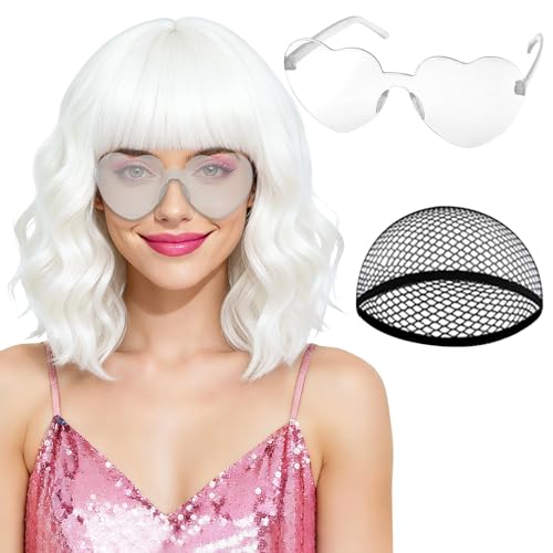 PLULON White Curly Bob Wig Heart Sunglasses for Women, Colored Wavy Wigs with Bangs Funny Synthetic Hair with Hair Cap Fashion Accessories for Bachelorette Christmas Party Cosplay Halloween Costume