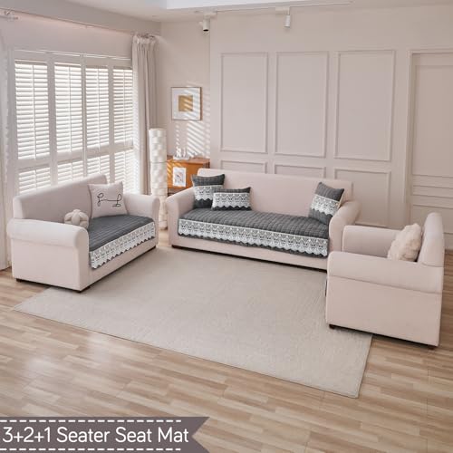 Image of HOKIPO 'BelleLace Series' 6 Seater Sofa Cover Mat in 3+2+1 Configuration | Imperial Milk Velvet with Lace Design | Porpoise Grey (AR-5966+5964+5962-DGRY)