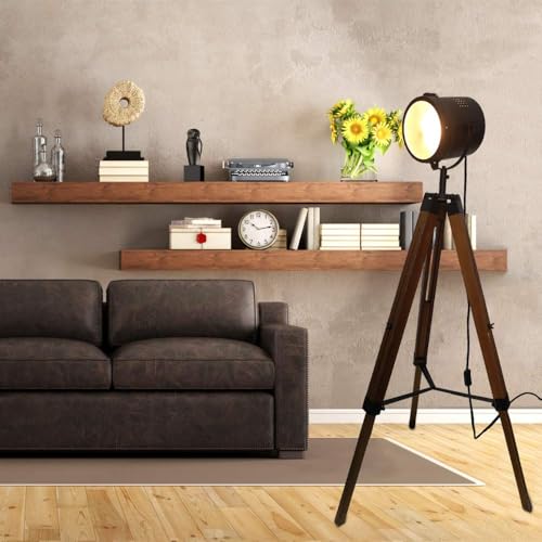 Image of Adjustable Vintage Wood Tripod Floor Lamp for Living Room, Spotlight Black