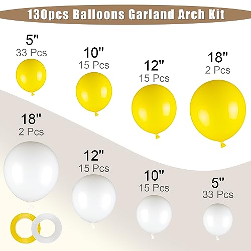Image of 130Pcs 18 /12 /10 /5 Inch White and Yellow Balloon Garland Arch Kit | Assorted Size Latex Balloons for Wedding, Baby Shower, Birthday Party Decoration