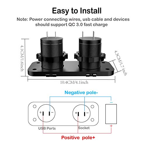 QC 3.0 USB Outlet 12V Boat Marine Waterproof Cigarette Lighter Socket Splitter 12 volt DC Power Charger Adapter DIY Kit with Blue LED Dual USB Ports for Rocker Switch Panel on Car RV Golf Cart ATV - Thumbnail 6