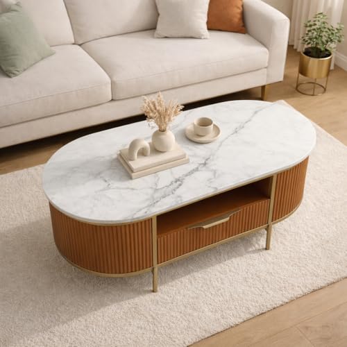 Image of Monaco Centre Table | Premium Sintered Stone Center Top Table for Living Room | Coffee Table | 110 x 60 x 45 cm | Premium Acrylic Terracotta Brown Finish