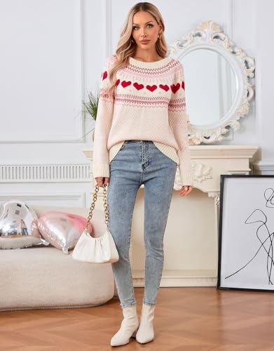 Image of Women's Fair Isle Sweater Crew Neck Long Sleeve Heart Sweater Vintage Tops