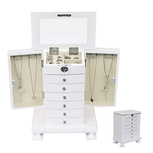 Mtfy Jewelry Armoires Cabinet Stand, Large Capacity Storage Stand Organizer, 5 Drawers Freestanding Wooden Jewelry Cabinet With Flip Up Mirror, Velvet Lining For Bedroom & Living Room #TOP4