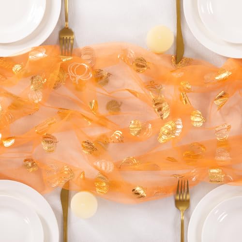 Image of Fall Pumpkin Table Runner Orange Sheer Gauze Foil Table Runner, 6PC